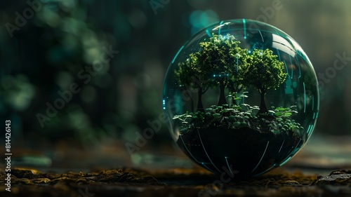 Globe with integrated electronic tree seedlings  front view  eco-tech harmony  sci-fi tone  Split-complementary color scheme 