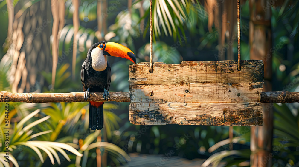 Fototapeta premium wooden signboard with toucan bird, tropical background