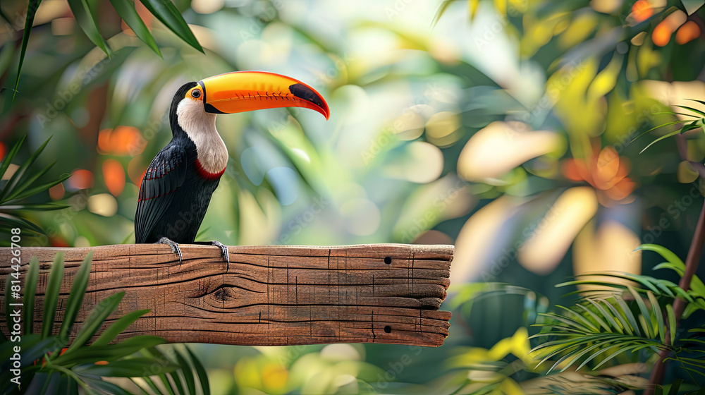 Fototapeta premium wooden signboard with toucan bird, tropical background