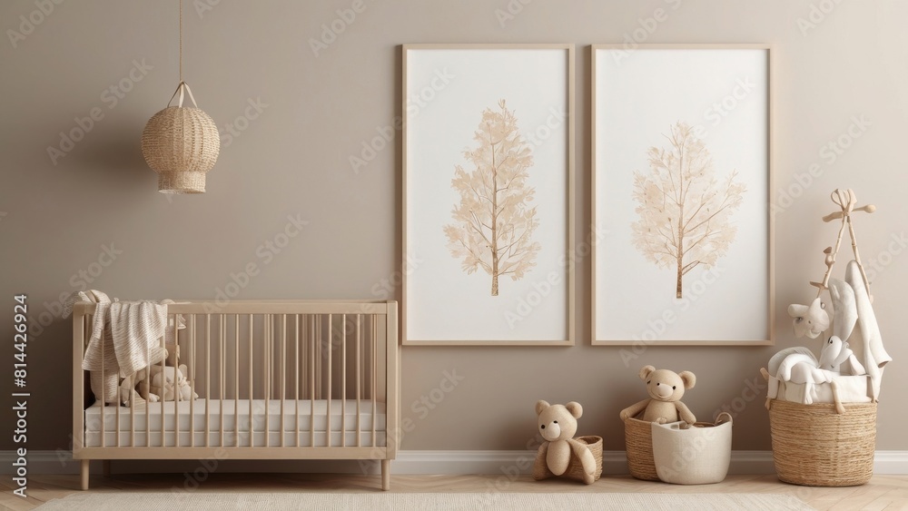 Minimalist Nursery Decor. Empty Frame Mockup In Neutral-Toned Baby Room. Baby Room Picture Frame Mockup. Minimalist Nursery Decor. Empty Frame Mockup In Neutral-Toned Baby Room. Baby Room Picture Frame Mockup.