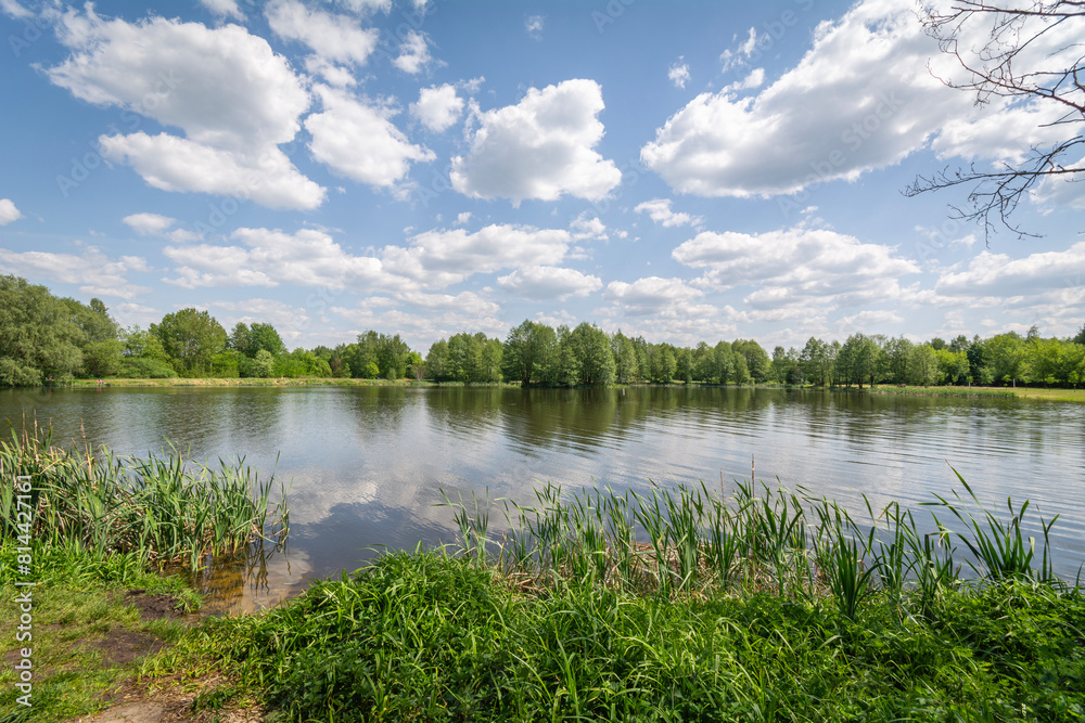 A water reservoir on the Grabia River in the city of Łask, Poland.