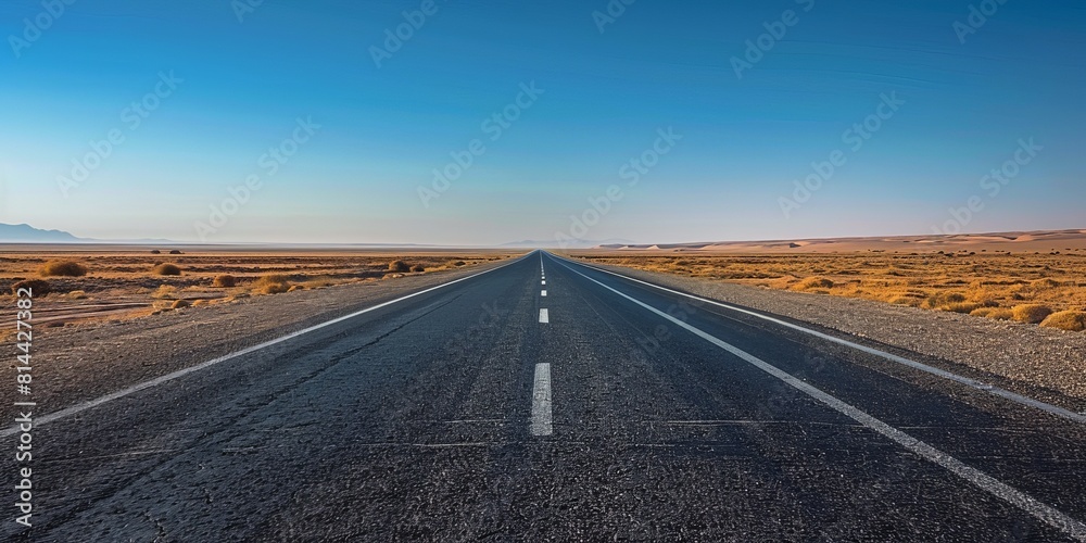 Wide-angle view of a long, deserted highway stretching under a clear blue sky, embodying a sense of freedom and travel Wide-angle view of a long, deserted highway stretching under a clear blue sky, embodying a sense of freedom and travel