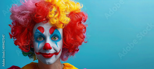 Funny cute clown with colorful wig on the blue background, copy space for text