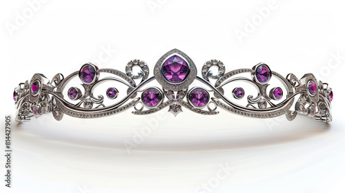 white gold tiara with purple emeralds isolated on the white background