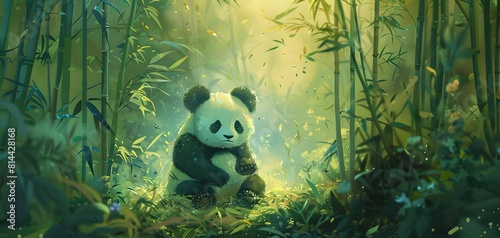 A painting,A cute panda in bamboo forest photo