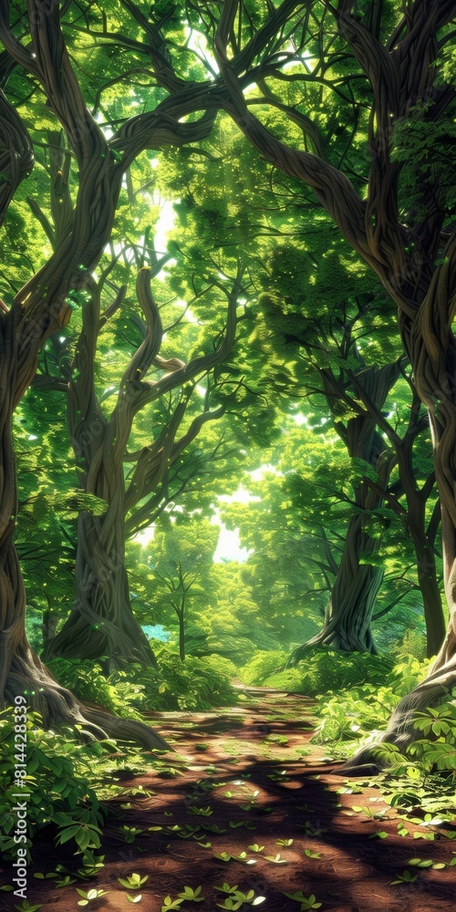Fototapeta premium Enchanted forest scene with towering ancient trees