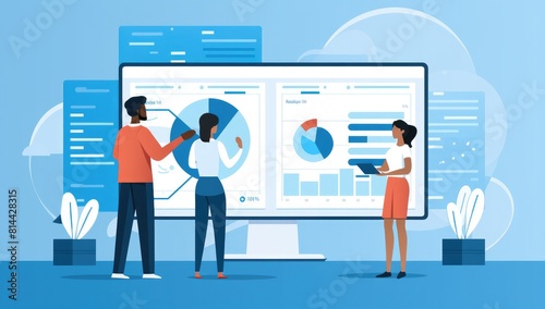Digital marketing data analysis, team people looking at a computer screen with graphs and charts floating around them, light blue background.