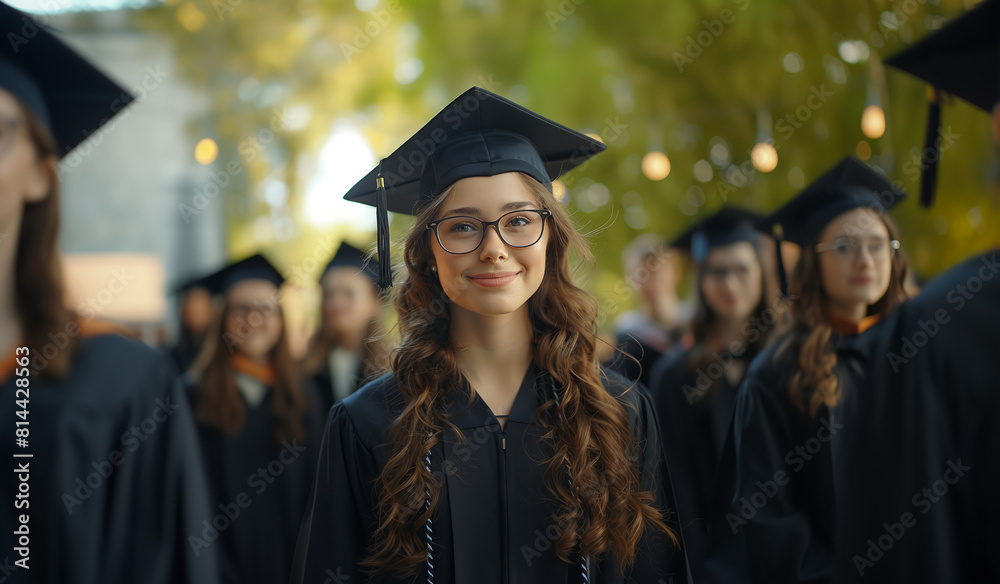 One young student University graduate in black gown, glasses and graduate cap. Generative AI