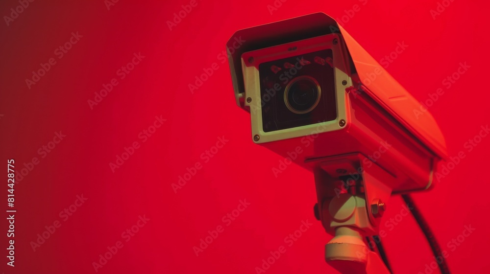Closeup security camera on a red wall. Protection and safety. CCTV surveillance camera Closeup security camera on a red wall. Protection and safety. CCTV surveillance camera