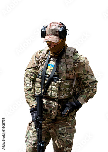 Soldier in camouflage with a rifle on a transparent background