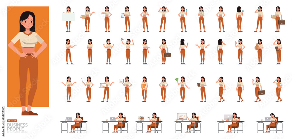Big Set of businesswoman wear cream color shirt character vector design. Indian people working in office planning, thinking and economic analysis. Big Set of businesswoman wear cream color shirt character vector design. Indian people working in office planning, thinking and economic analysis.