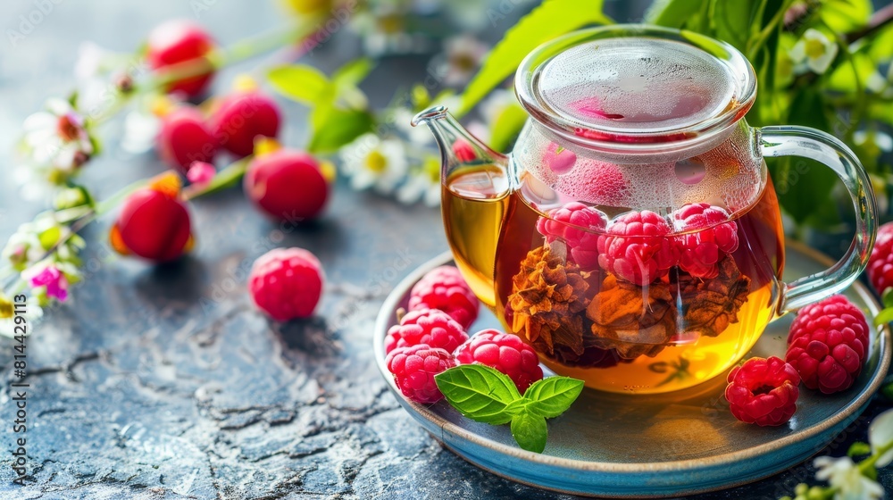 Refreshing raspberry tea in a clear glass, perfect for summer refreshment campaigns and healthy drink promotions.