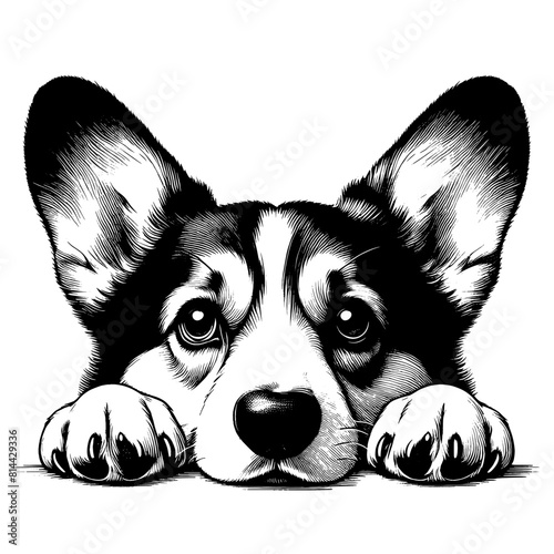Hand drawn cute peeking Corgi, vector sketch isolated on transparent background.