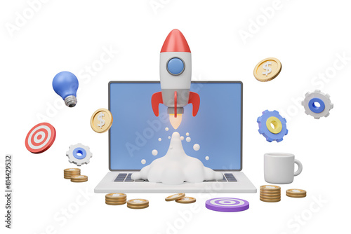 startup rocket launch , business concept, 3D illustration, not AI generated, transparent background