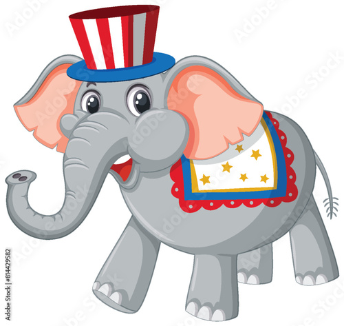 Cartoon elephant dressed in circus-themed costume