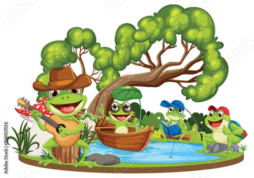 Illustration of frogs with instruments and book outdoors