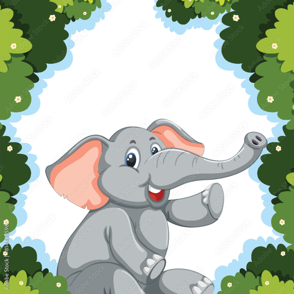 Obraz premium Cheerful cartoon elephant surrounded by green foliage