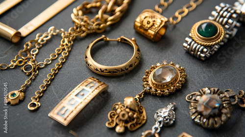 An open leather bag showing some golden jewlery. Still life. Close eup. 