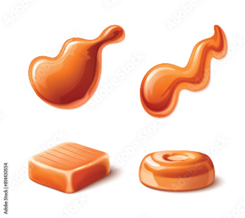 Caramel syrup swirl, liquid toffee cream drop flow. Melt fudge droplet. Abstract sweet food puddle and toffy candy design set on white background. 3d realistic fluid yummy glossy texture paint