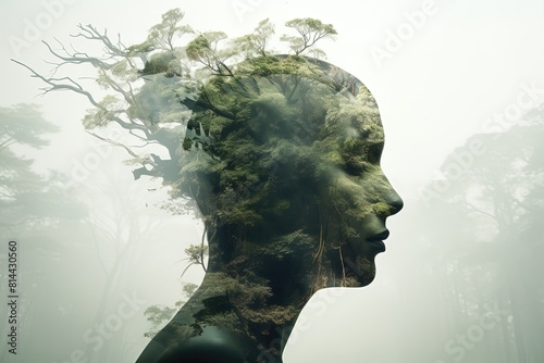 A woman's face is shown in a forest with trees surrounding her