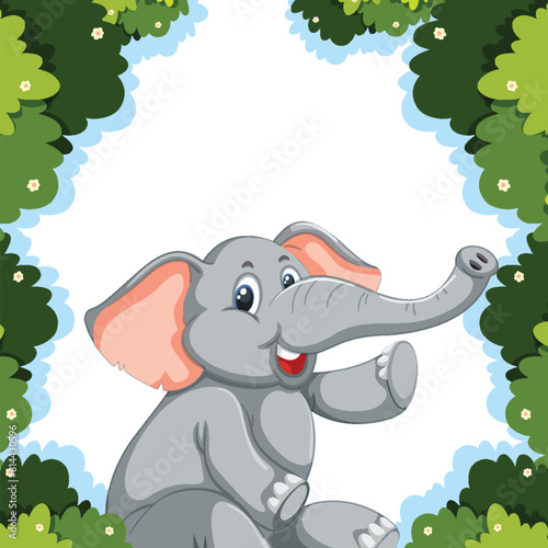 Cheerful cartoon elephant surrounded by green foliage