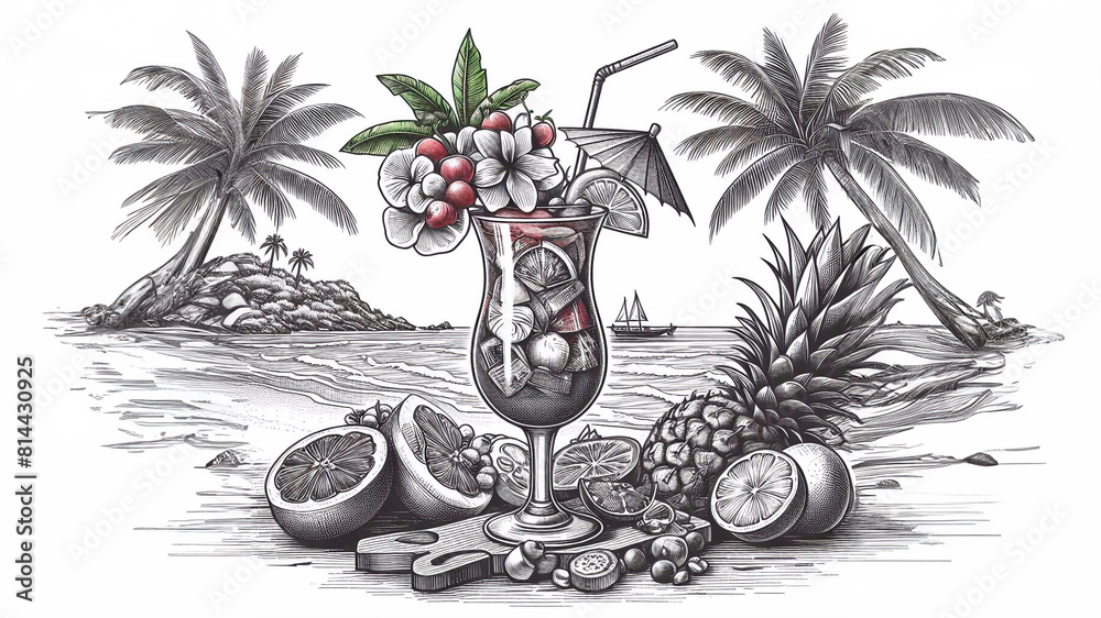 Refreshing cocktail on a tropical beach with palm trees and exotic ...
