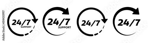 24 7 service vector symbol. 24- 7 seven emergency support available icon set. seven day a week open sign. always open icon set.