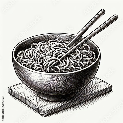 Bowl noodles and chopsticks sketch isolated on white background