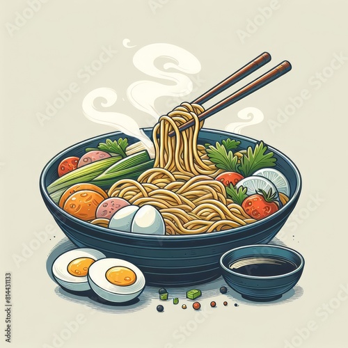 Chinese noodles on a plate, vector graphics style