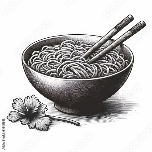 Bowl noodles and chopsticks sketch isolated on white background