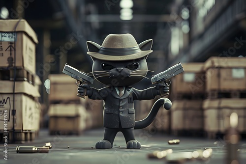 The cat is dressed in a dark suit, complete with a vest and tie, and a fedora hat that casts intriguing shadows on its face with holds a pistols, adding to its mysterious aura. photo