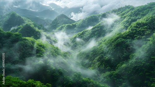 Lush Verdant Mountain Rainforest with Mystical Mist Shrouded Landscape and Natural Serenity