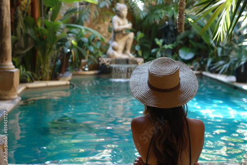 Woman relaxing in a serene pool surrounded by lush greenery, wearing a stylish wide-brimmed hat © Mirador