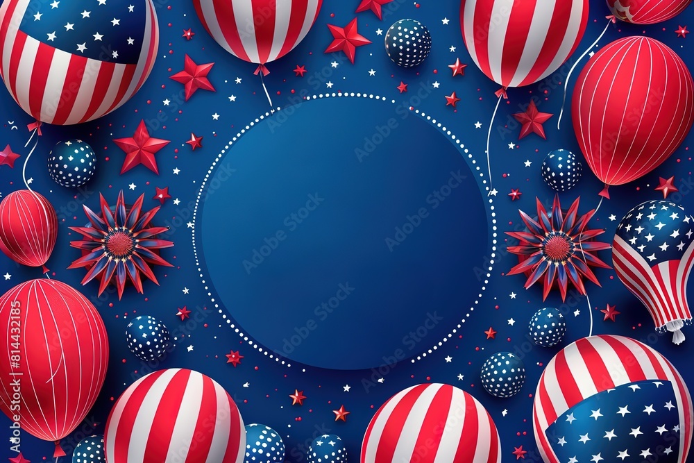 Fototapeta premium American Independence day 4th July celebration blue background with podium, red white and blue balloons for product photography digital 3d render
