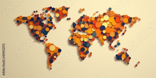 Stylized world map composed of multicolored circles on a white background with a modern artistic touch. Creative pattern of world map with colorful point with circle shape. Geography concept. AIG35.
