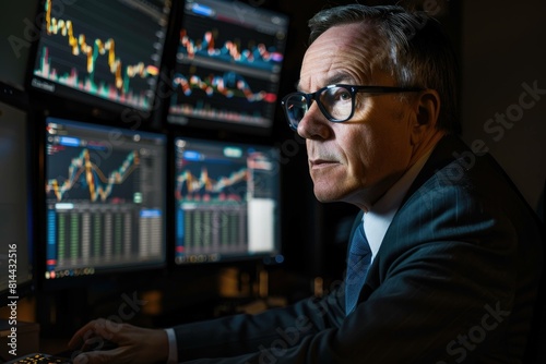 A Middle-Aged Businessman Wearing Glasses Viewing Multiple Computer Screens of Colorful Financial Charts and Graphs