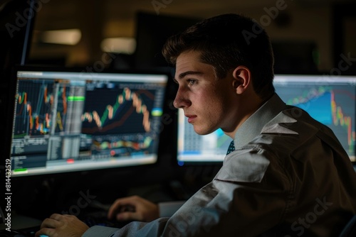 A Young Hispanic Businessman Watching Multiple Computer Screens of Colorful Financial Charts and Graphs