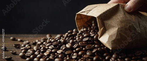 Hand pouring coffee beans from a papar bag inot a coffee pot photo