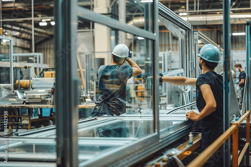 Factory workers assembling double-pane windows, showcasing efficiency in glass manufacturing industry.