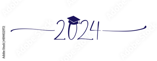 Educational sign 2024 with decorative line and academic hat. Certificate element. Graduating horizontal banner. Isolated handdrawn style symbol. Text divider. Creative concept. School decoration.