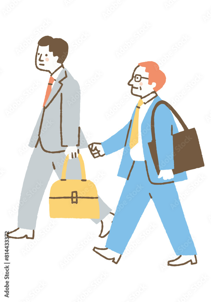 Two male office workers in suits on their way to work_color Two male office workers in suits on their way to work_color