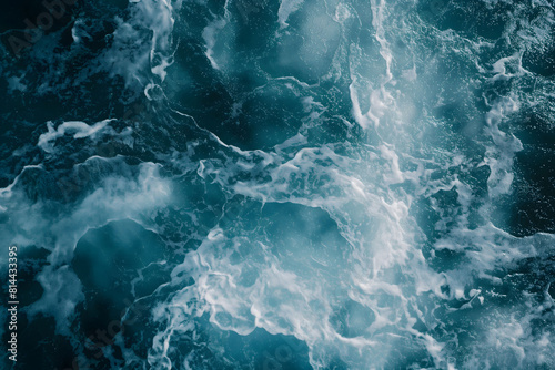 Dynamic photo of the sea's turbulent textures in shades of teal and dark blue, showcasing the chaotic energy of ocean waves