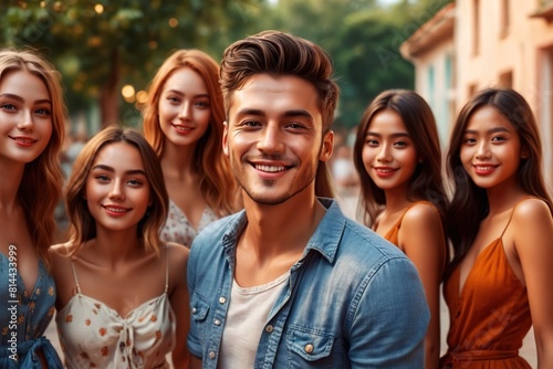 Handsome attractive young man surrounded by group of admiring young women