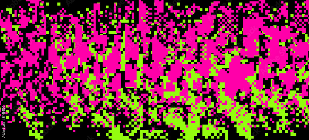Abstract neon pink and green colorful background with pixel glitches.