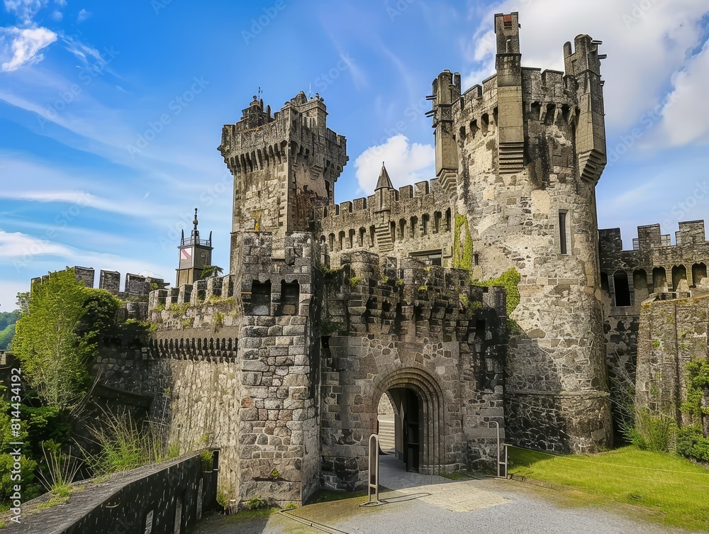 A historic castle with towering stone walls, intricate details, a grand entrance, lush green surroundings, and a moat. 