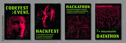 Set of futuristic posters with 8-bit pixel art illustrations of glitched human heads. Covers for hackathon (also known as a hack day, hackfest, datathon or codefest) event.