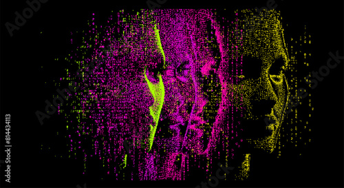 Distorted human face on dark background. Conceptual vector illustration of personality and facial recognition systems.