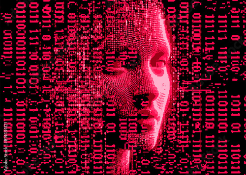 Futuristic collage of a 3D human head and digits on a dark background in pixel art style in red vivid color palette. Conceptual vector illustration of virtual and augmented reality.