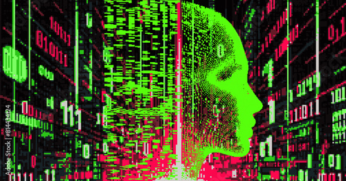 Glitchy pixelated 3D human face and green binary code on the background. Conceptual vector illustration of personality and facial recognition systems.