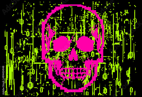Collage of a skull and binary code on a glitchy pixelated neon background. The concept of computer virus and malware.